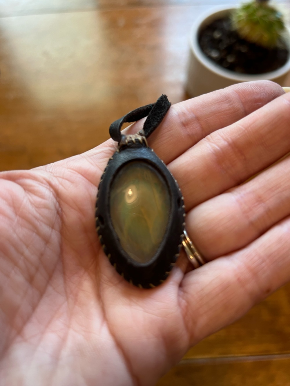 Boho Hand Blown Glass Pendant Necklace Blue Green Stone Leather Cord